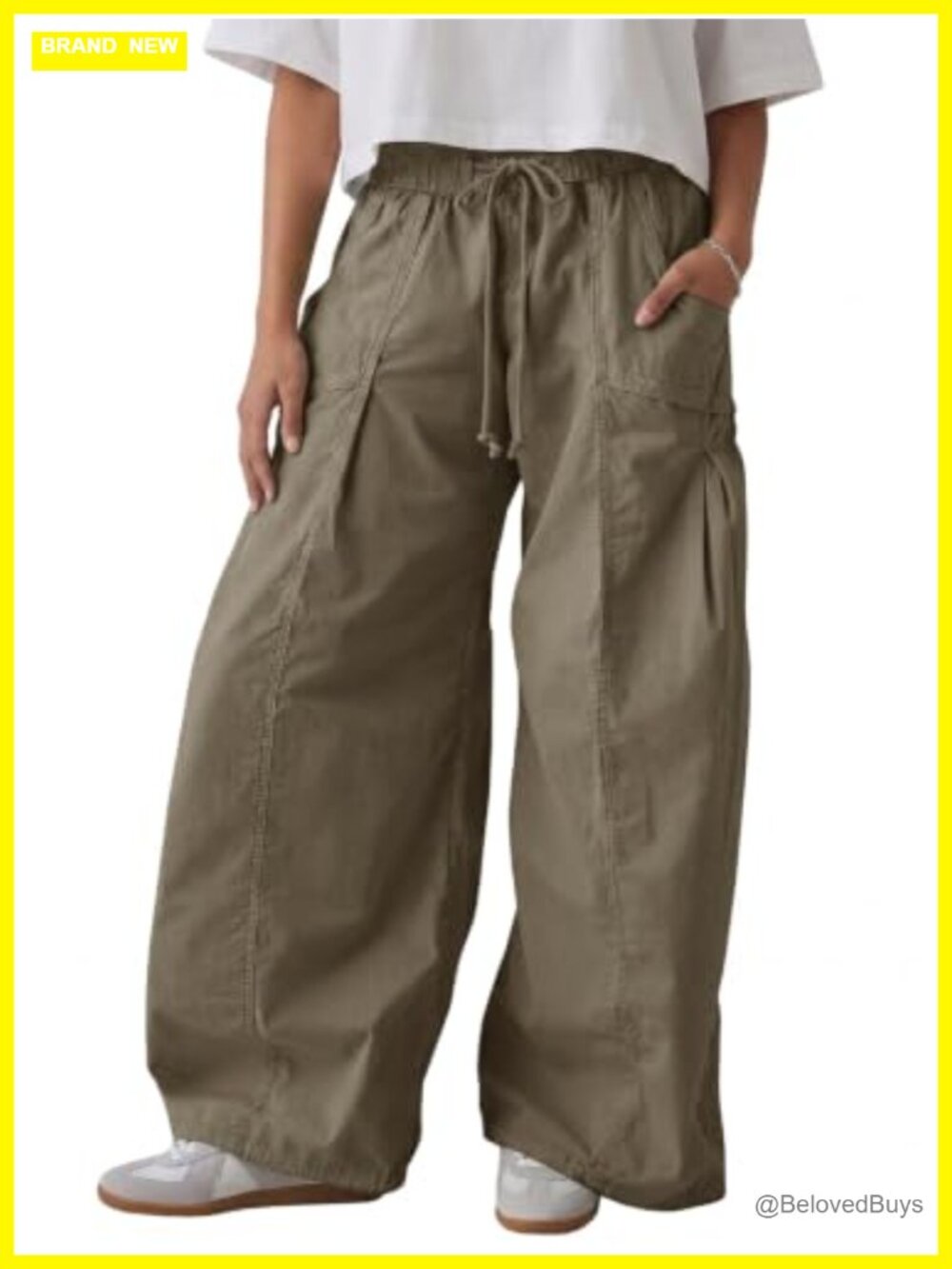 Wide Leg Cargo Pants High Rise Drawstring Cotton Blend Casual